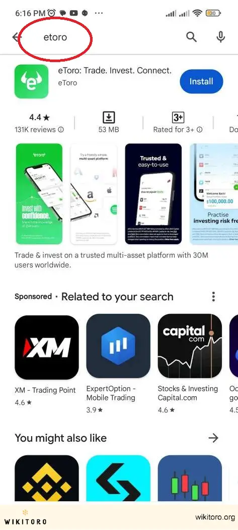 Searching for eToro app on Play Store