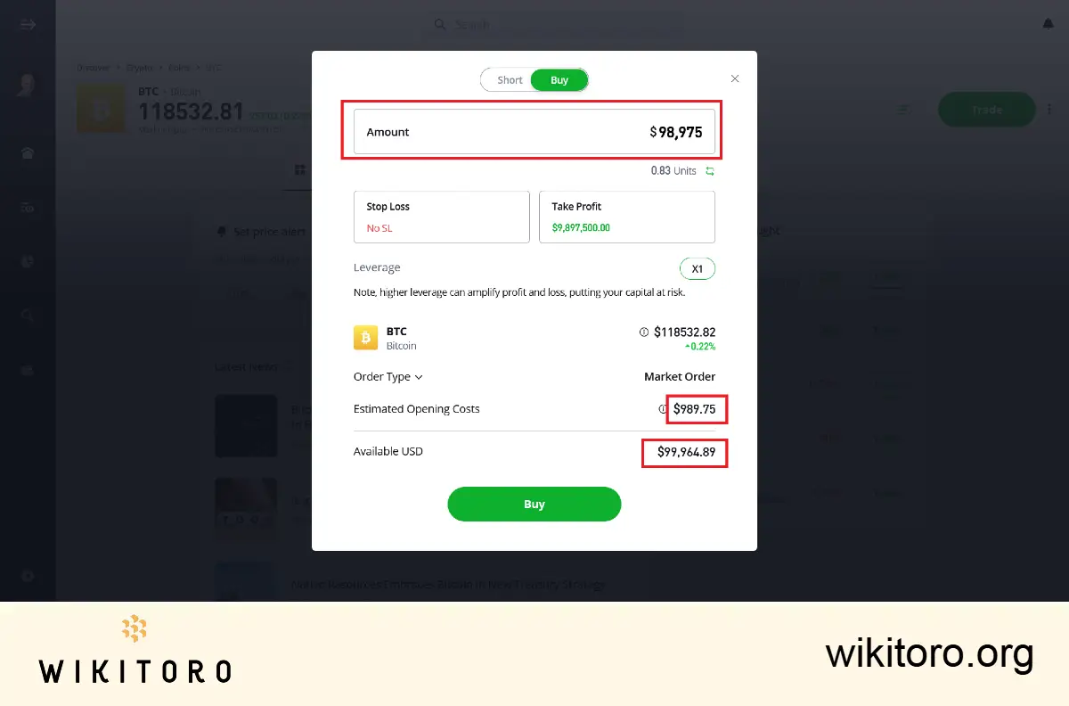 Buying Bitcoin on eToro with the entire account balance