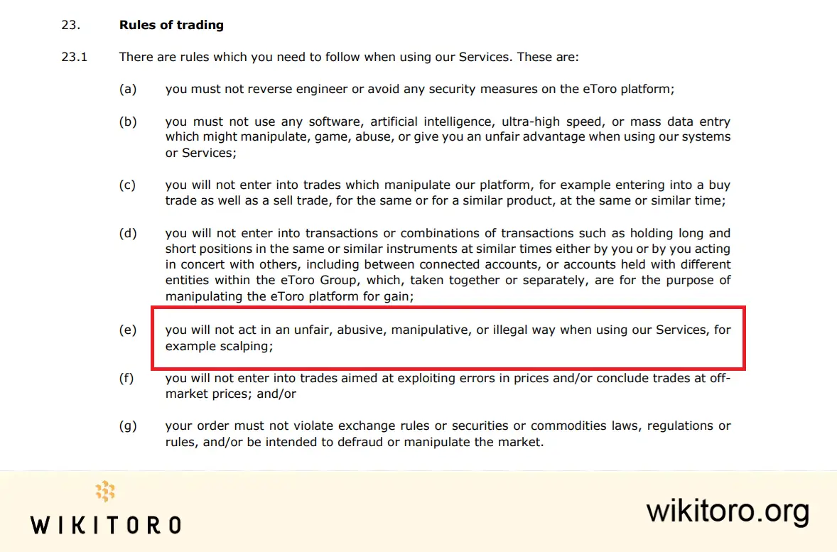eToro's rules on scalping based on their terms and conditions