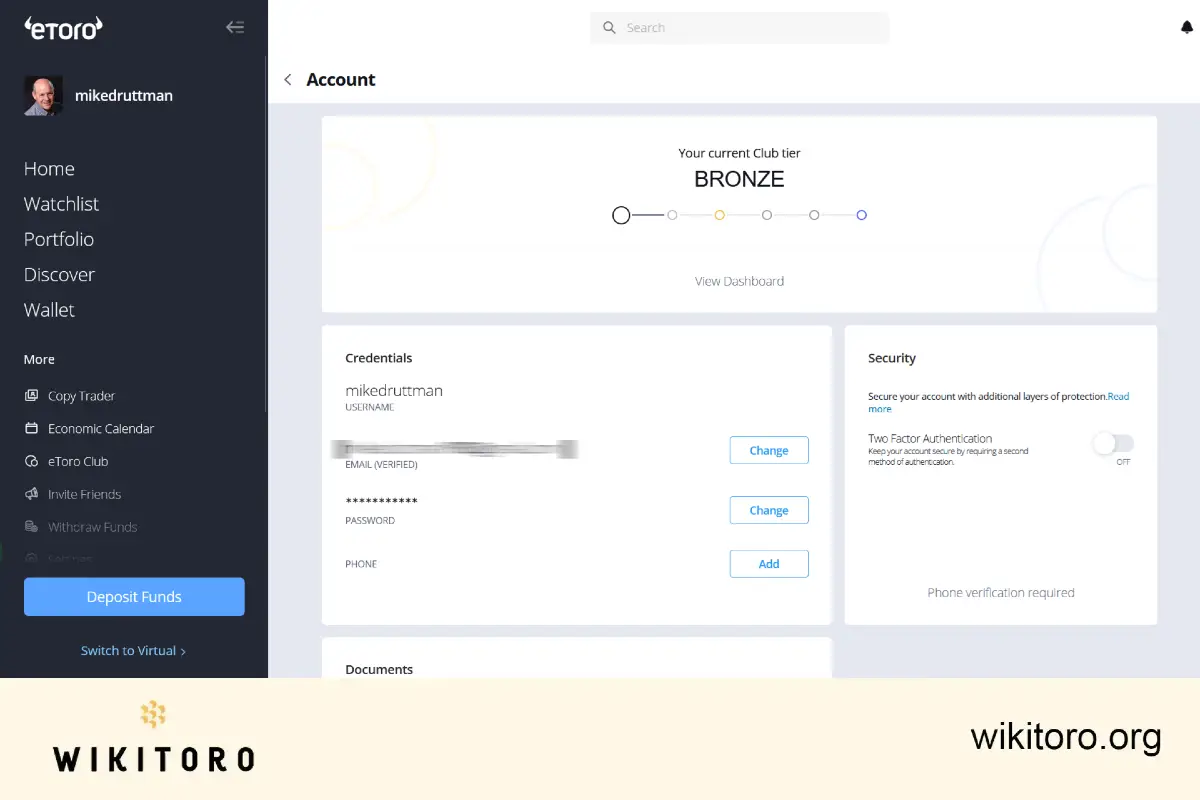 eToro account settings