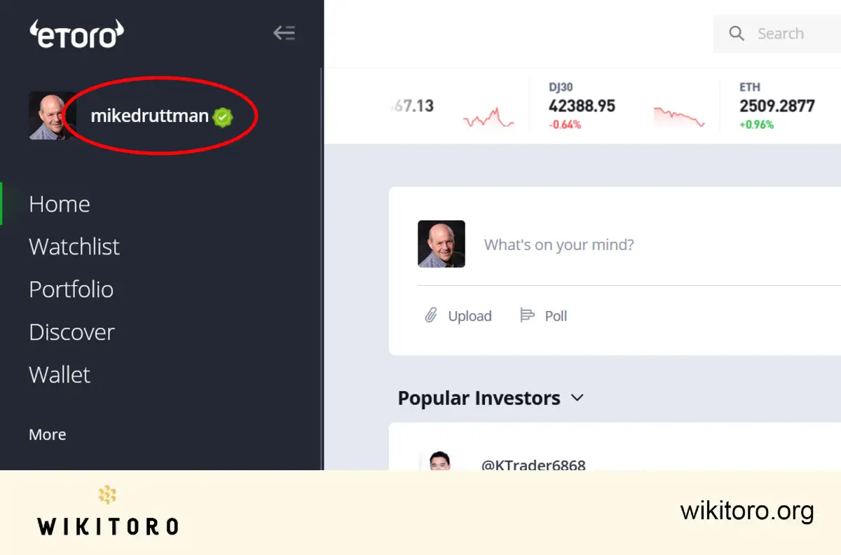 eToro username on web platform