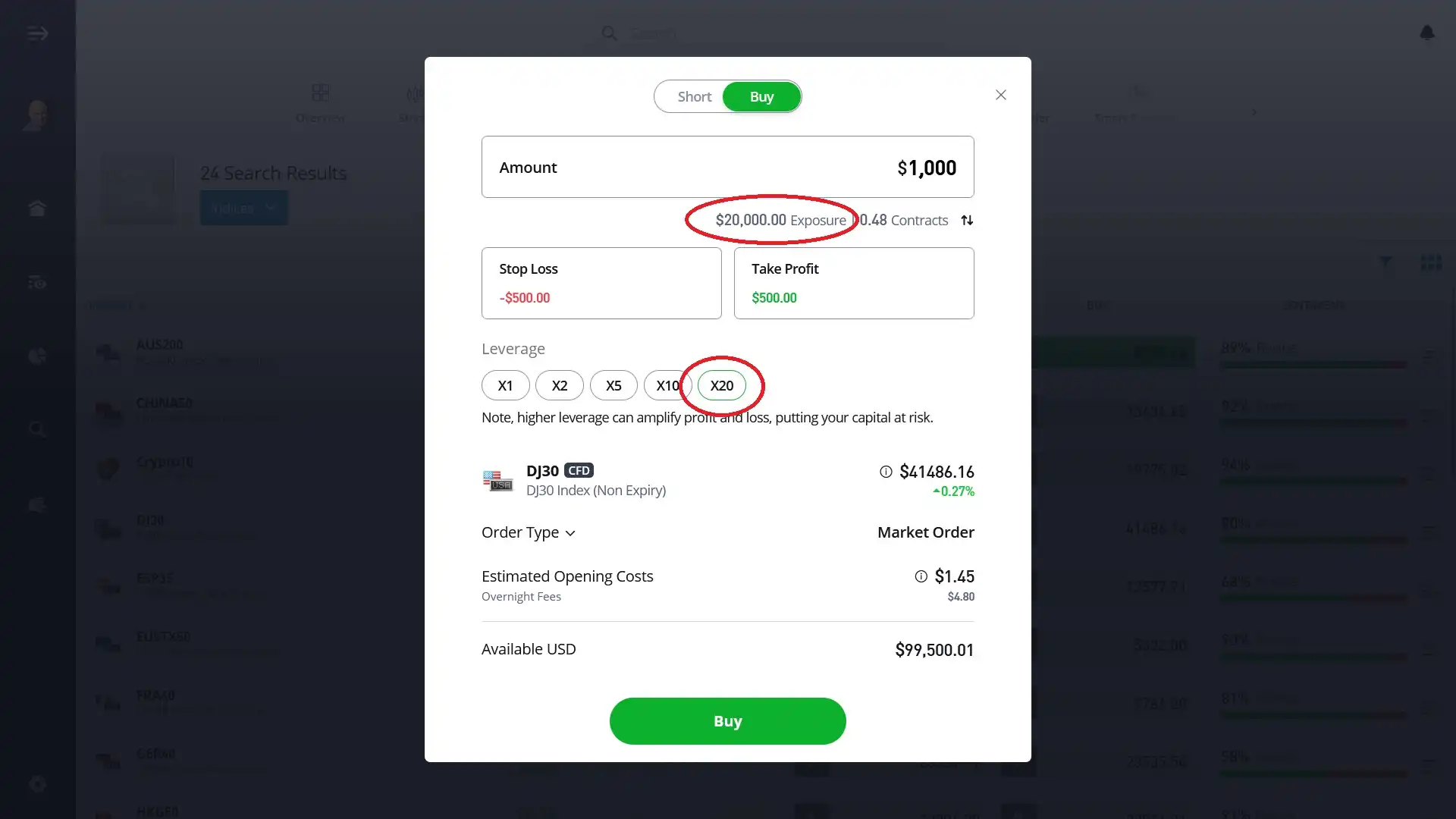 Trading an index on eToro with x20 leverage