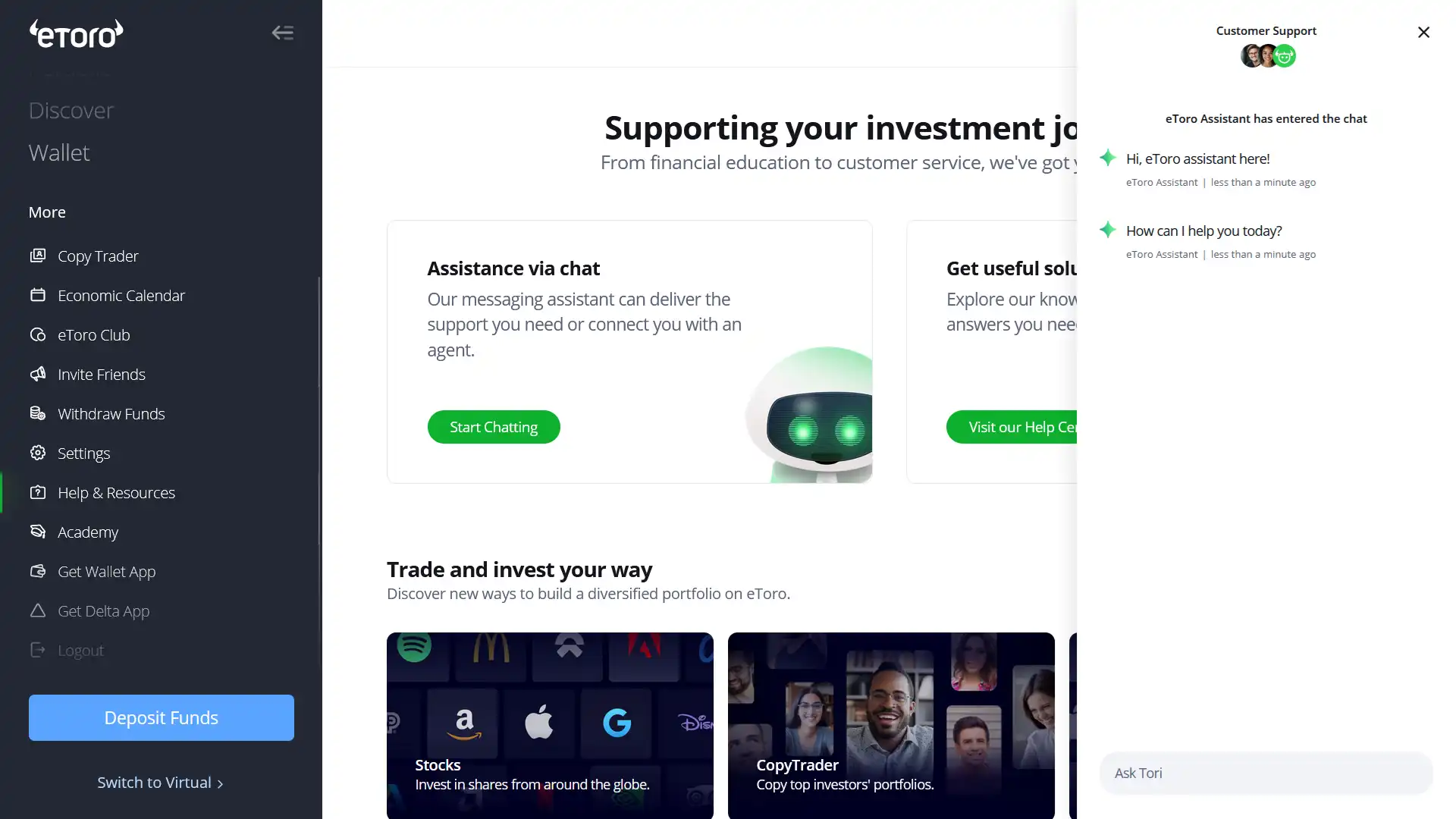 Contacting eToro's live chat
