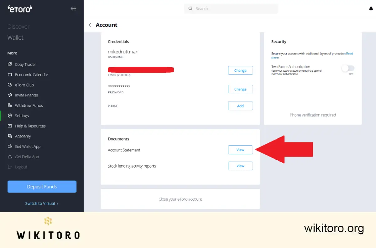 Accessing eToro account statement on website