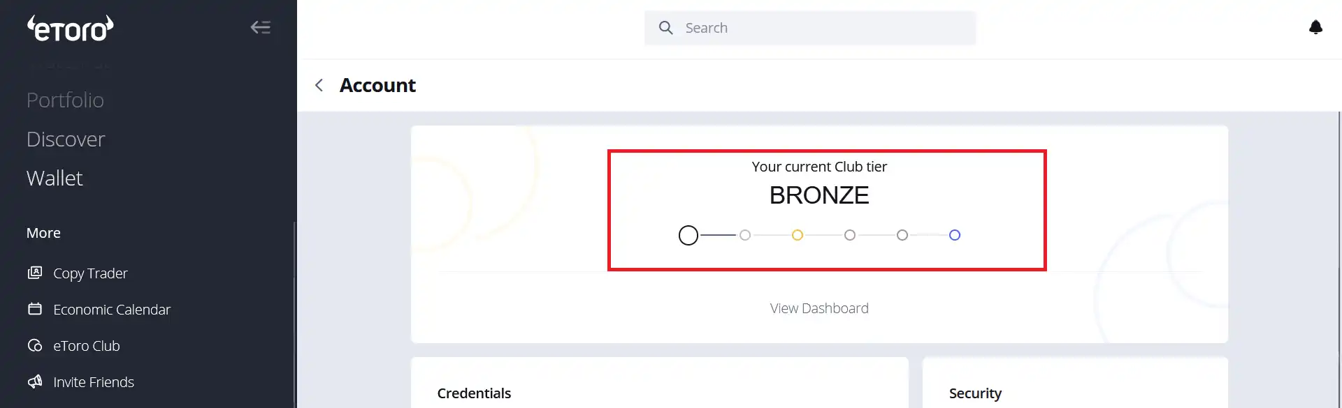 eToro Club Bronze tier indicator on the platform