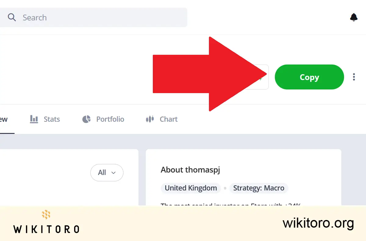 Clicking the Copy button on eToro's platform