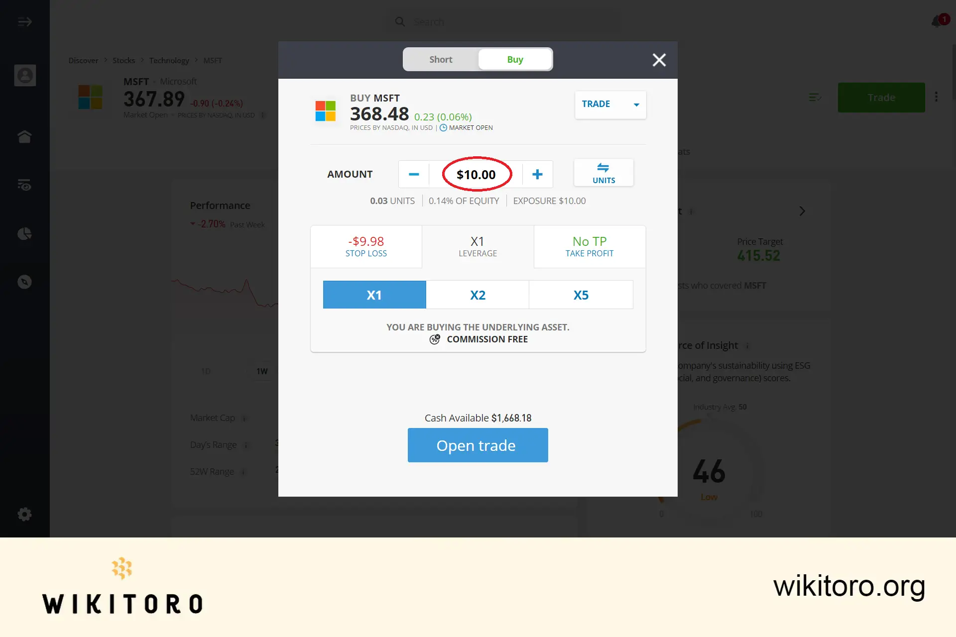Entering Microsoft stocks investment amount on eToro