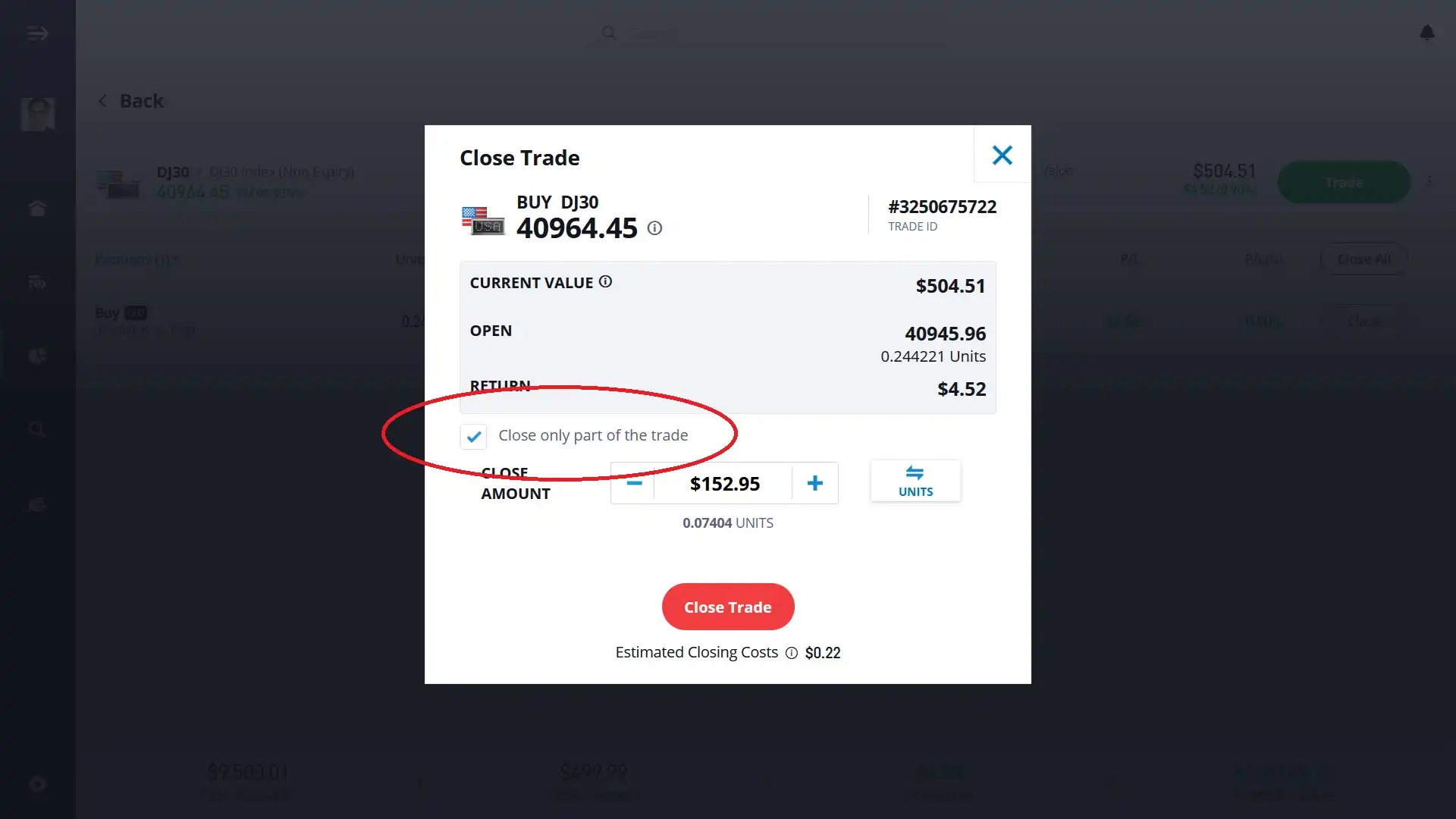 Closing part of the trade on eToro