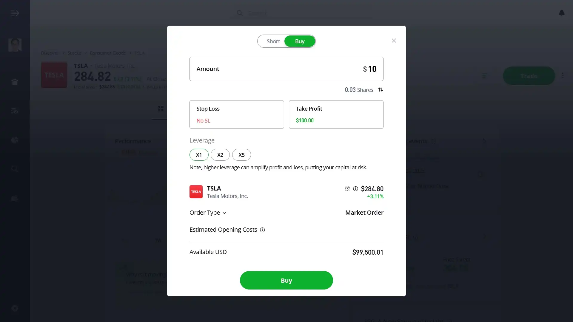 Buying fractional shares of Tesla on eToro's platform