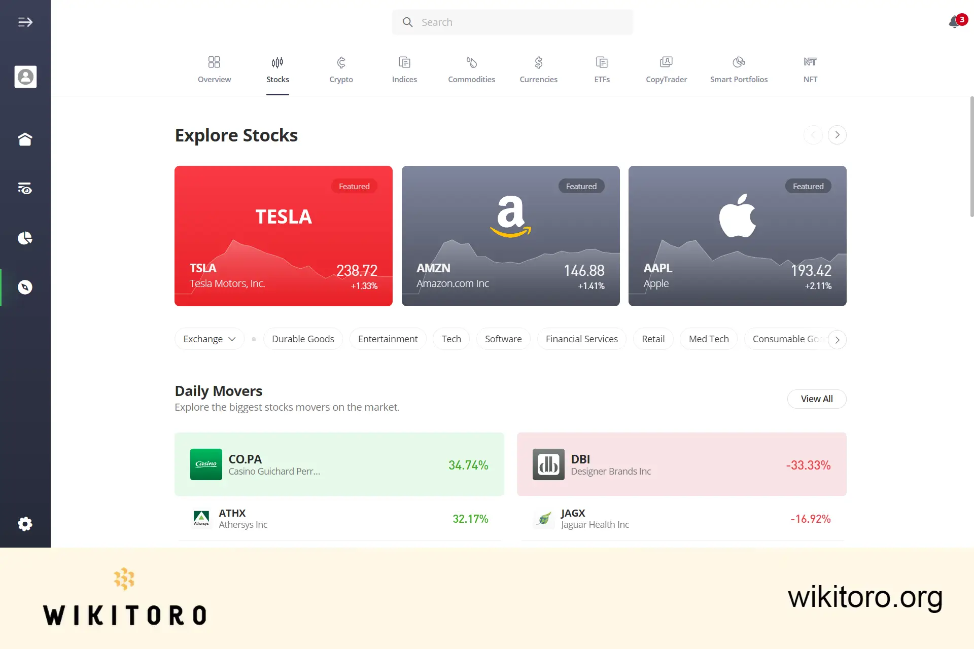 eToro stocks page