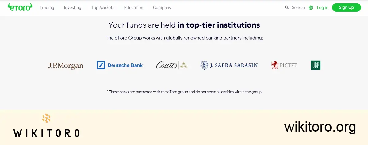 eToro stating funds are held in top-tier institutions