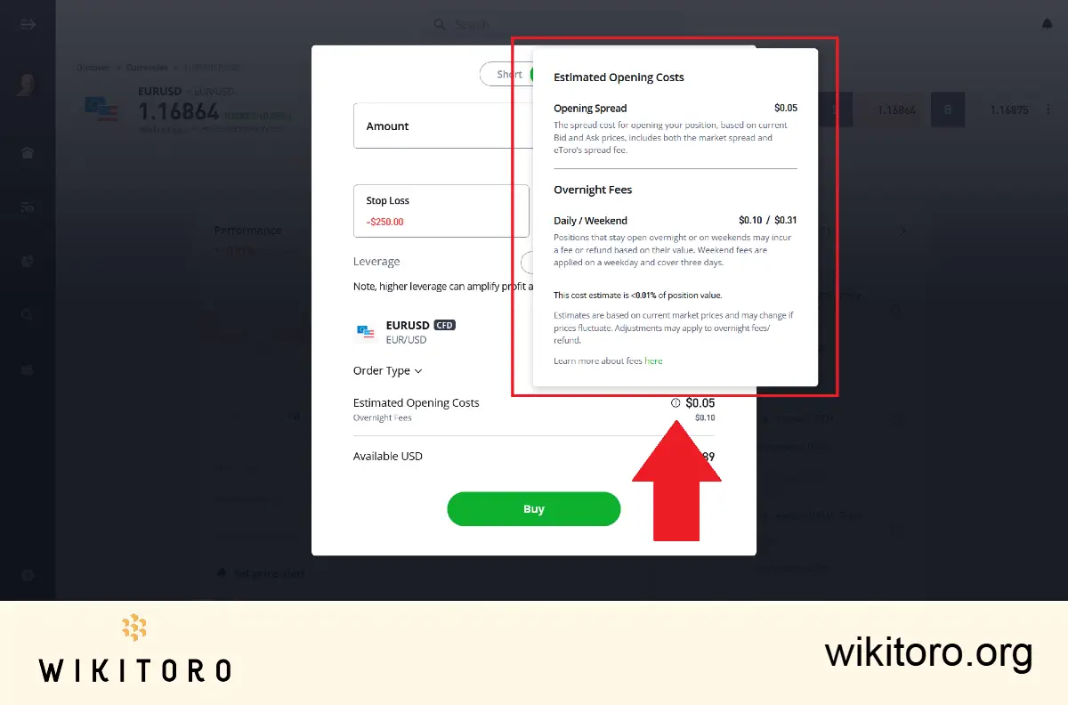 Overnight and daily fees indicated by eToro's trading platform