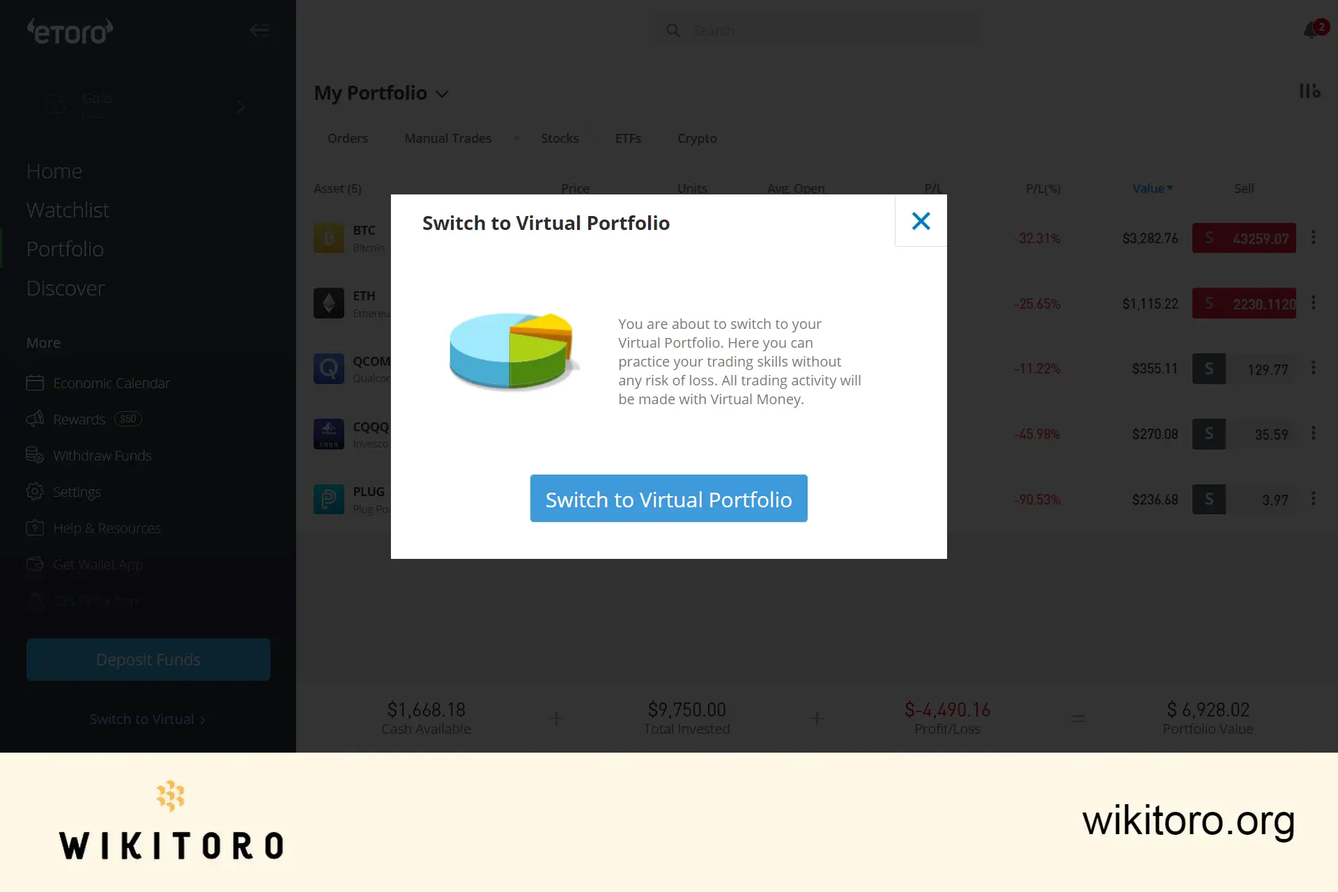 Switching to eToro Virtual Portfolio notification
