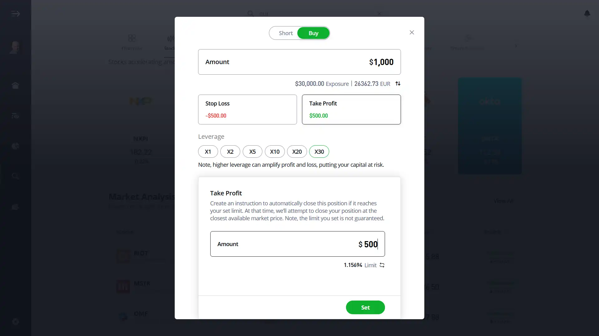 Setting a Take Profit (TP) on eToro's platform