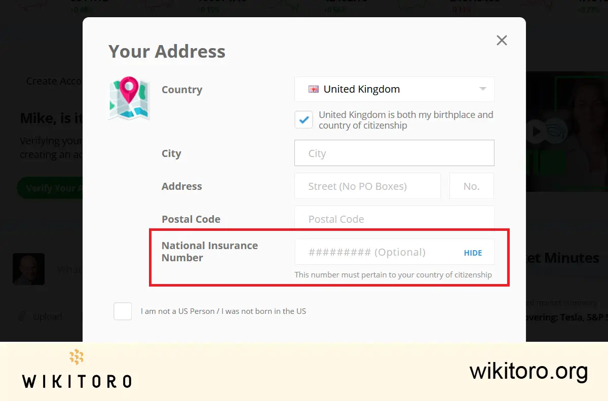 Entering National Insurance Number for UK residents to open an eToro account