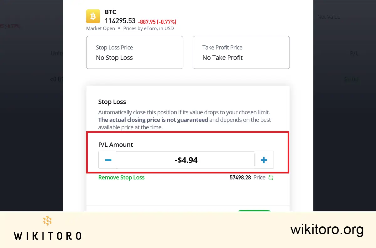 A Bitcoin stop-loss order on eToro using "amount"