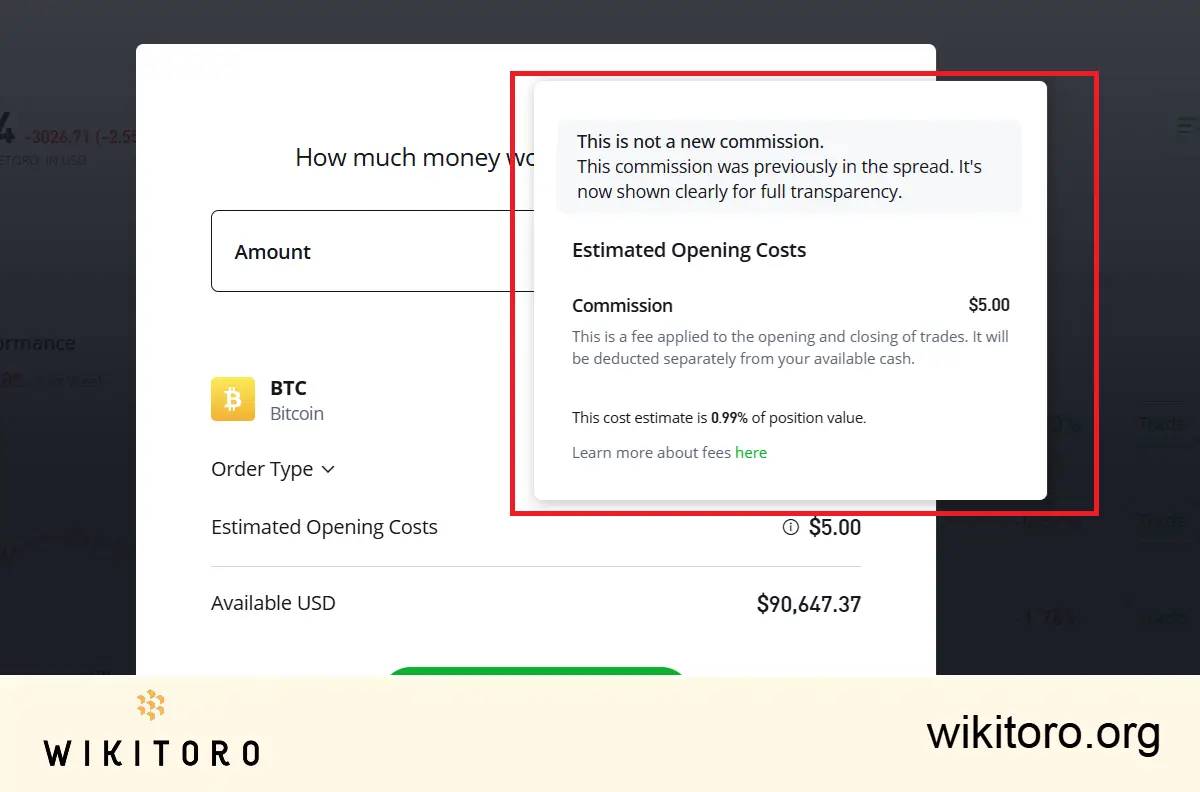 eToro's 1% commission for Bitcoin now shown separately on the platform