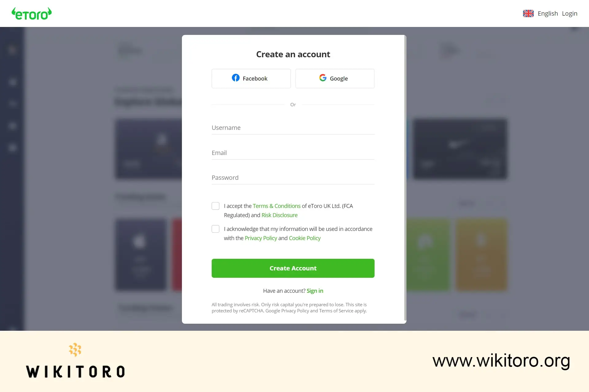 eToro registration page