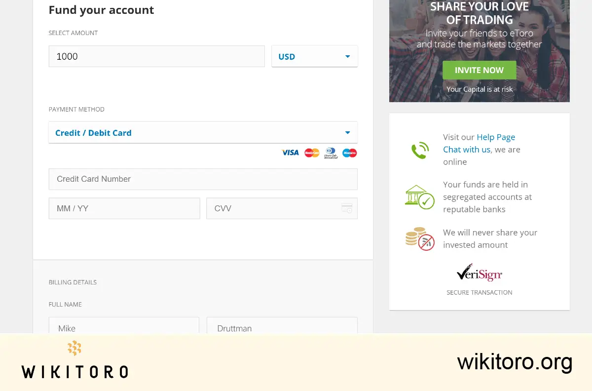 Funding eToro account with credit card