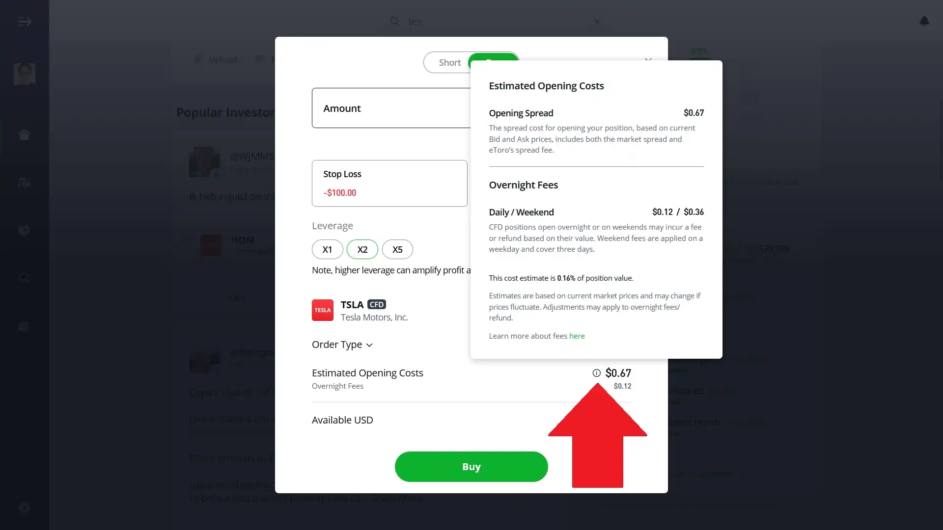 Estimated opening costs when trading an asset on eToro