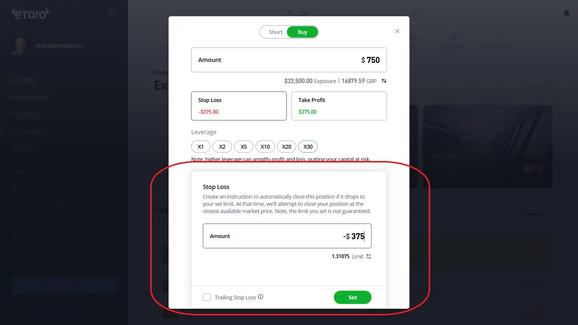 Setting a stop-loss on eToro's platform