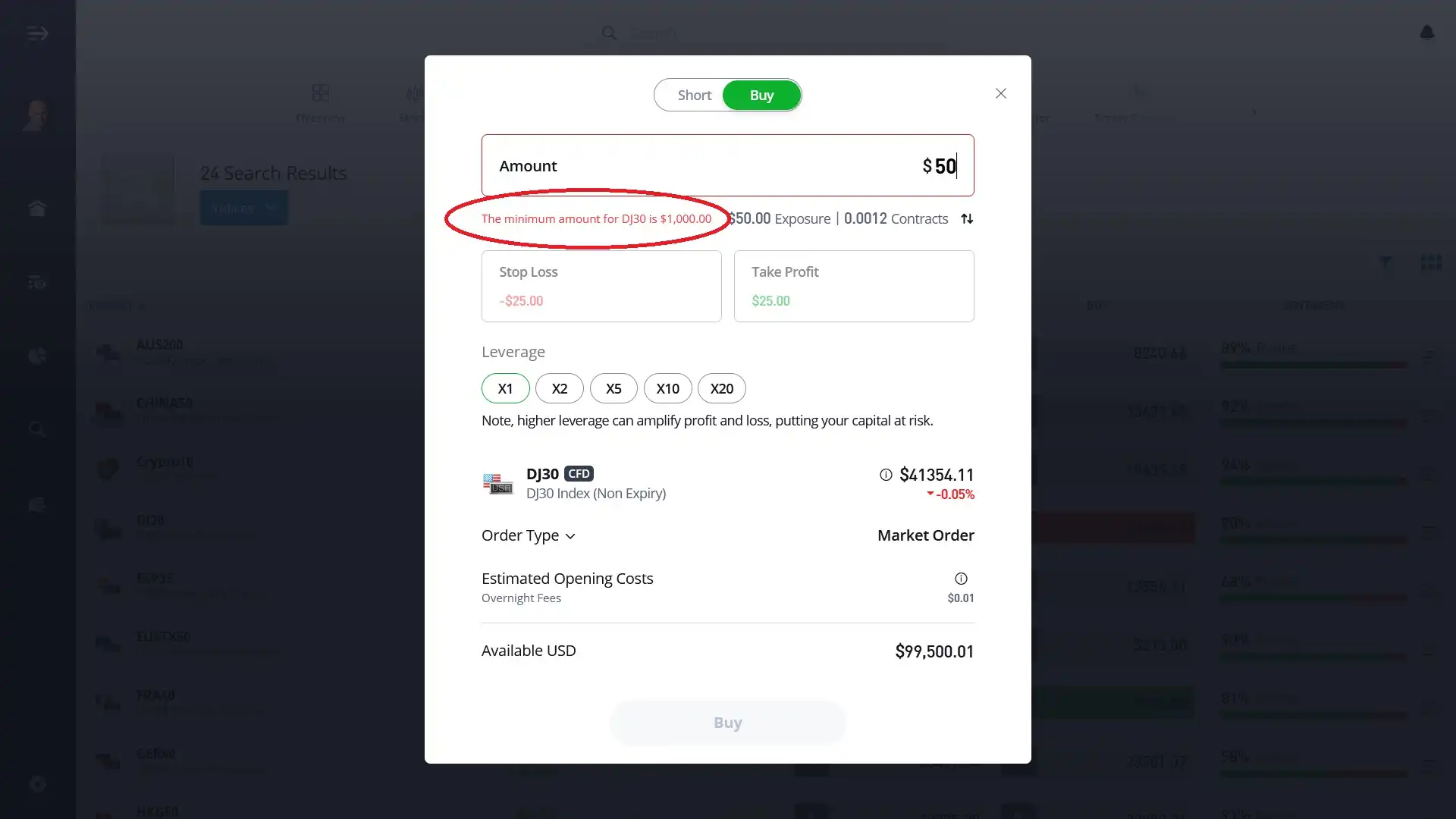 Minimum amount to trade indices on eToro