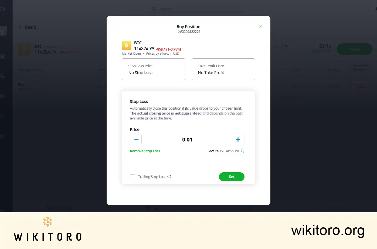 Setting a Bitcoin stop-loss order on eToro's platform