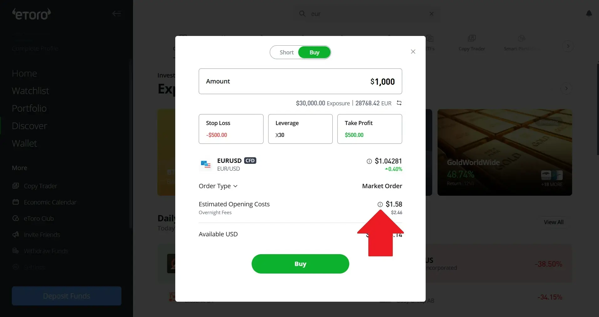 Information icon for eToro CFD trading fees