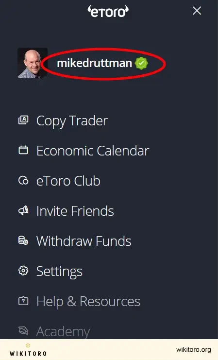 eToro username on mobile app