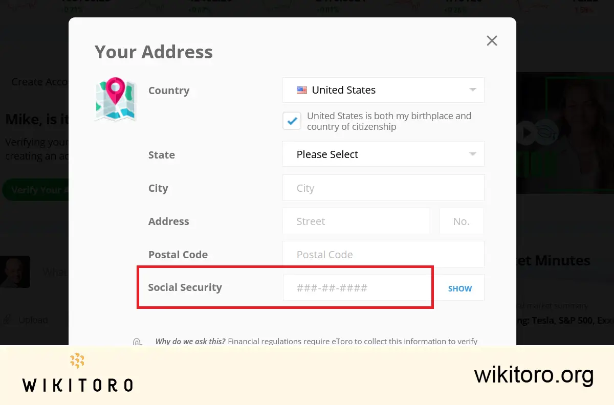 SSN required from USA residents to open an eToro account